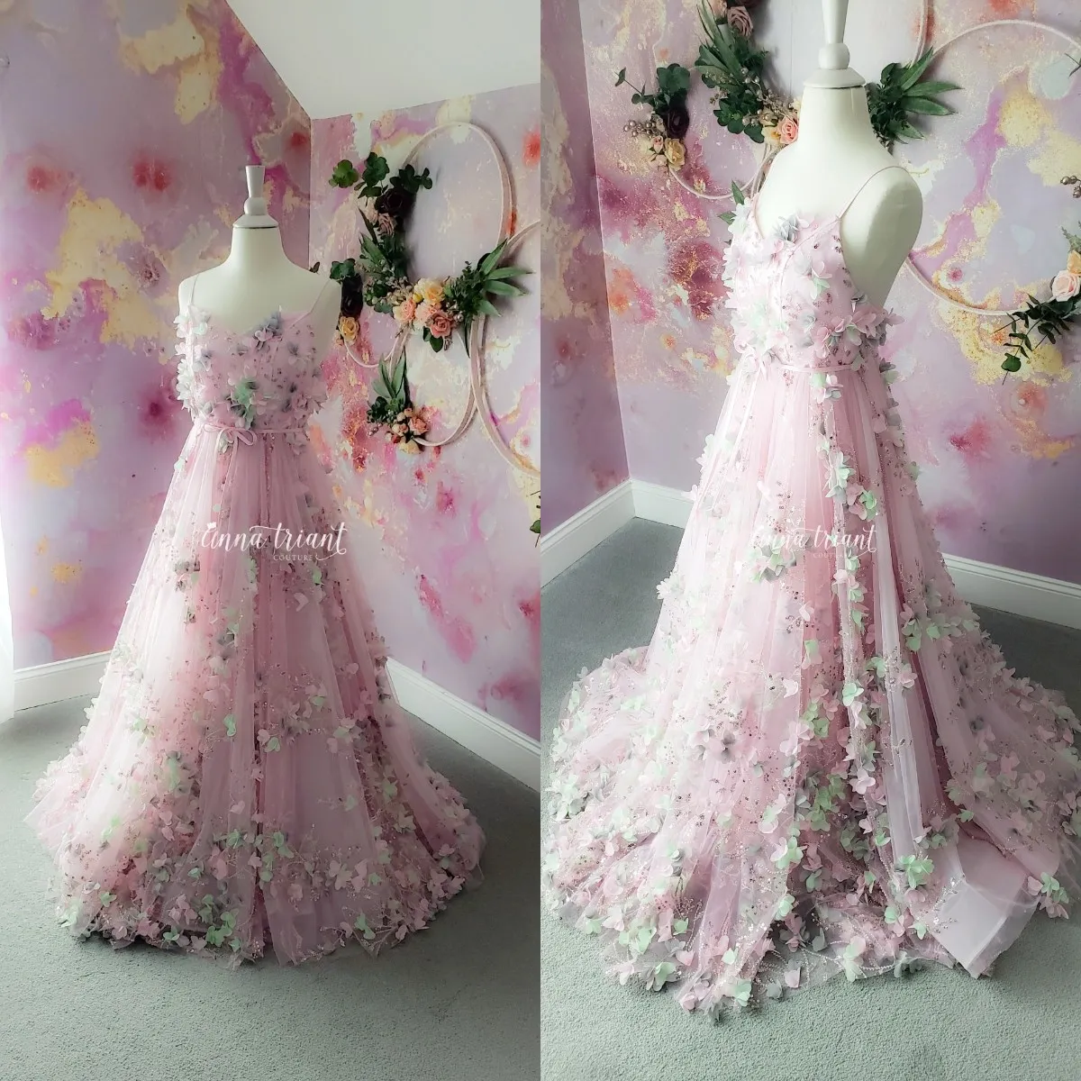 Abiti da ragazza di fiori floreali 3D Abiti da spettacolo lunghi con paillettes rosa per servizio fotografico Tulle Boho Abito da prima comunione