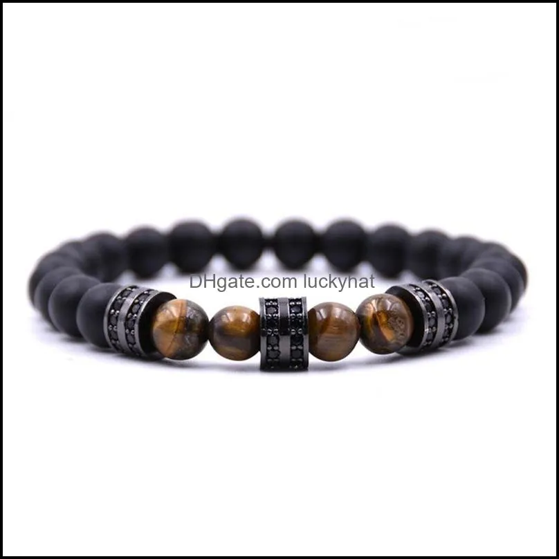 Beaded Strands Mens and Womens 8mm Matte Black Agate Sier Micro-inlaid Cylindrical Spacer Armband Natural Stone Yoga Drop Delivery DHTVZ