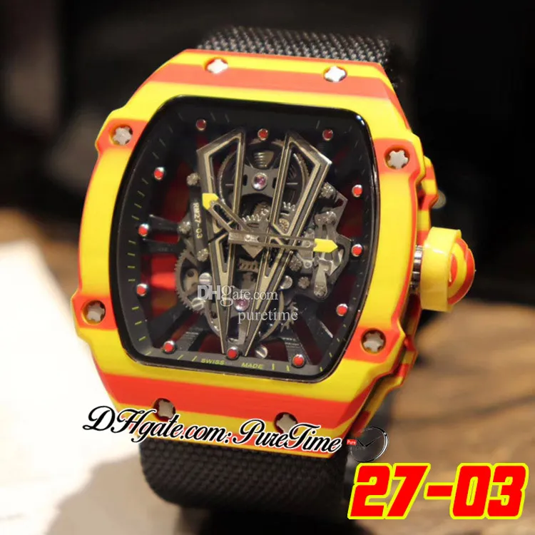 27-03 Tourbillon Rafael Nadal Miyota Automatic Mens Watch 2022 NTPT Red Yellow Carbon Fiber Case Skeleton Dial Big Date Black Nylon Strap 3 Styles Watches Puretime A1