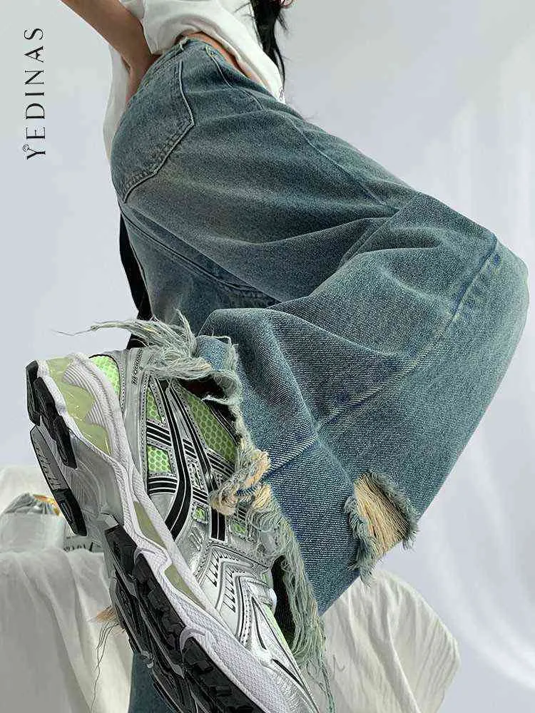 Jeans pour femmes Yedinas Streetwear Unique Gland Taille Haute Déchiré Pour Les Femmes 2022 Petit Ami Pantalon À Jambes Larges Y2k Dames Maman T220825