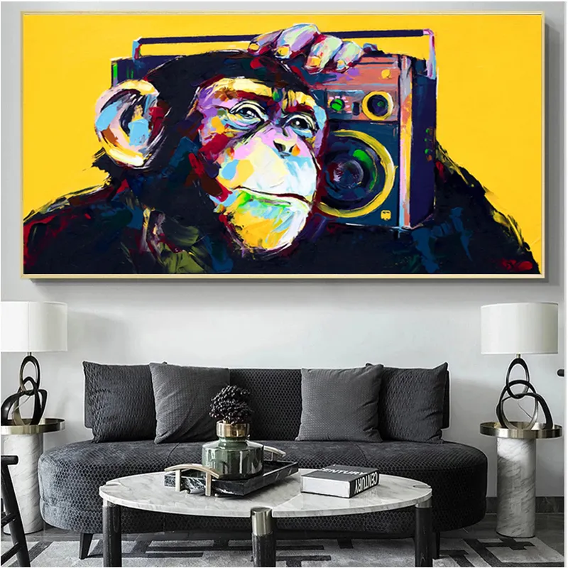 Canvas Painting Modern Animal Monkey Listening To Music Posters and Prints Wall Art Picture for Living Room Home Decoration Cuadros