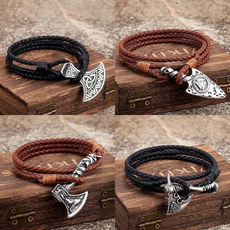 Charm Bransoletki Vintage Viking Style Prawdziwej Skóry Wrap Mężczyzn Ze Stali Nierdzewnej Norse Rune Amulet Akcesoria Islandzki Handmade Biżuteria