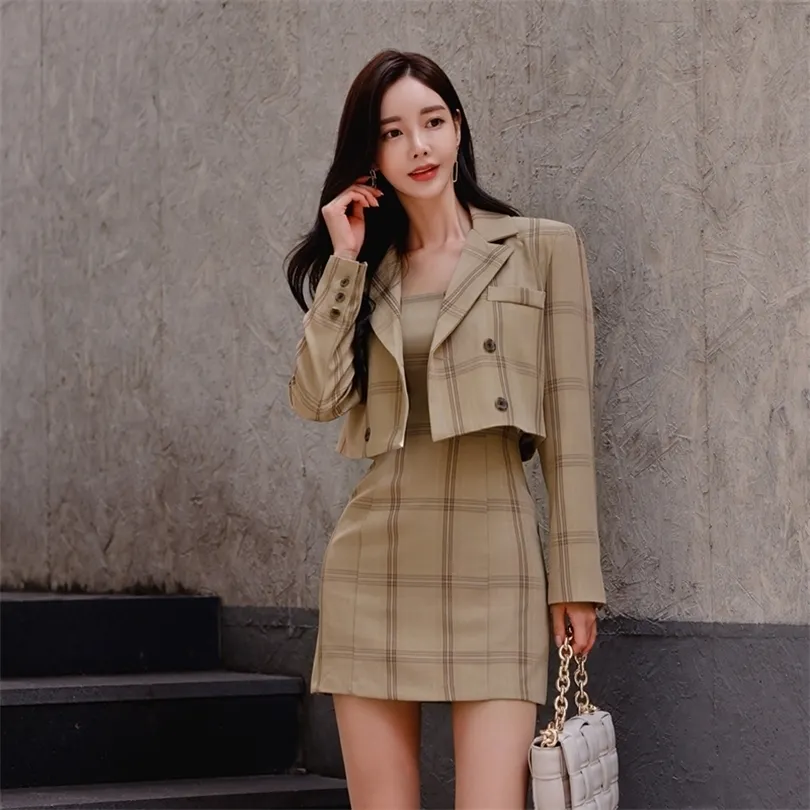 Tweede stuk jurk Koreaanse elegante set vrouwen plaid korte blazer jassen mouwloze mini bodycon suit vrouwelijk plus size jas 220906