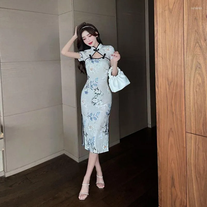 Ethnic Clothing Vintage Women Chinese Style Cheongsam Improve Elegant Floral Print Slim Party Dresses Lady Chic Retro Split Dress