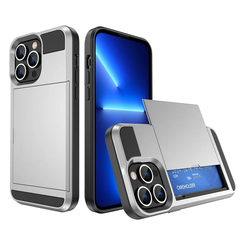 Custodie per cellulari con armatura porta carte per Iphone 15 Plus Pro Max 14 13 12 11 Cover per cellulari ibride rigide Mini Slide