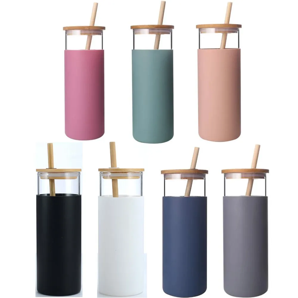 16oz 20oz Glass Tumbler Sippy Cups Travel Straight Tumblers Water Bottle With Straws Silicone Protective Sleeve Bamboo Lids BPA Free 7 Colors