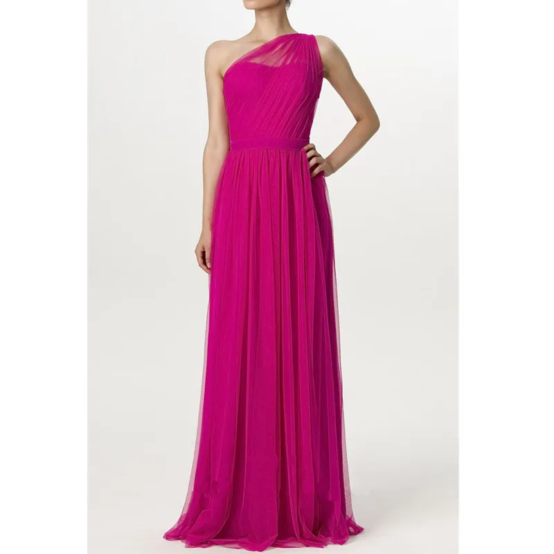 2023 barato rosa oscuro un hombro una línea de baile de graduación vintage tul espalda abierta vestido de noche largo fiesta formal vestidos de dama de honor 328 328