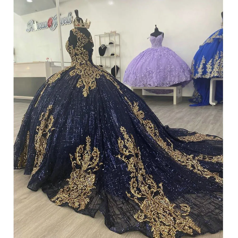 Glitter Crystal Navy Blue Navy Quinceanera Dresses With Gold Appliques ...