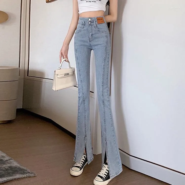 Jeans Femme Taille Haute Denim Solide Slim Pantalon vas Fente