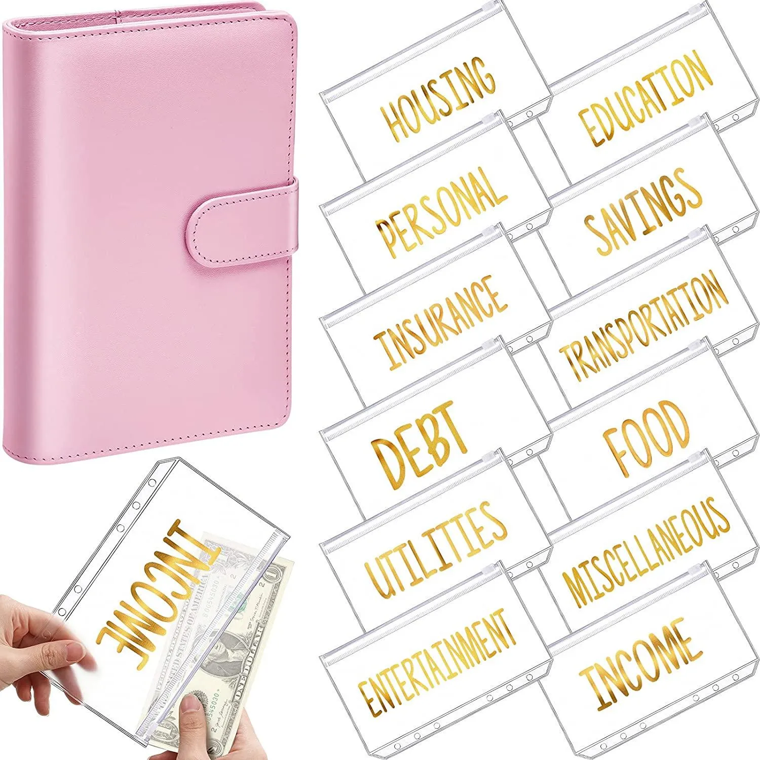 A6 PU Leather Binder Budget Cash Envelope Organizer Personal Wallet ,12 Binder Pockets Zipper Folders for Planner Saving Money 0224