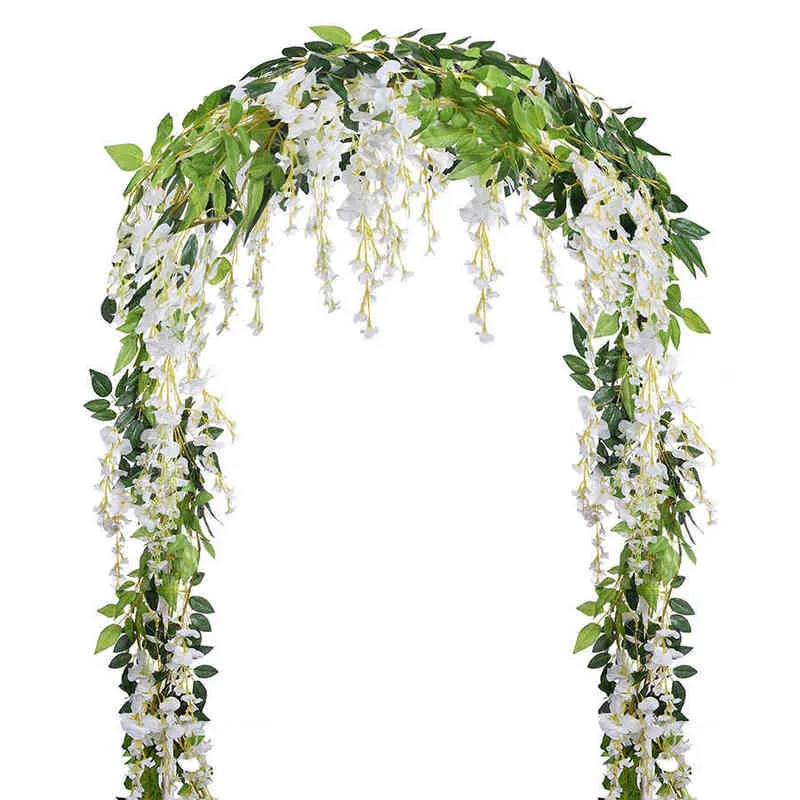 Faux Floral Verdure Artificielle Faux Wisteria Vigne Rotin Suspendu Guirlande Soie Blanche Floral String Home Party Décoration De Mariage En Plein Air Arch Décor J220906