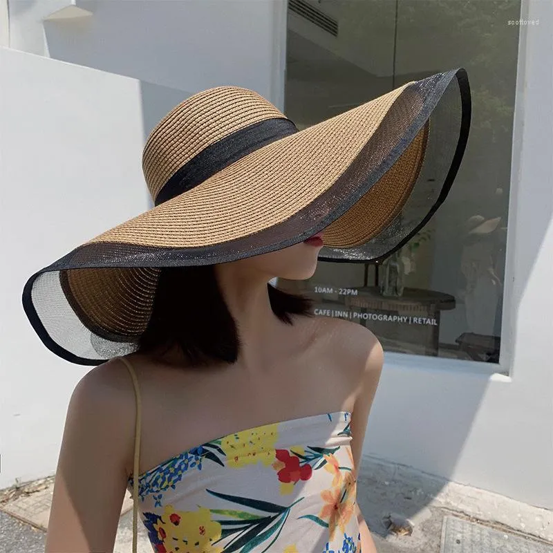 넓은 챙 모자 여름 보헤미아 플로피 밀짚 모자 태양을위한 여자 여자 비치 캡 리본 chapeau black big