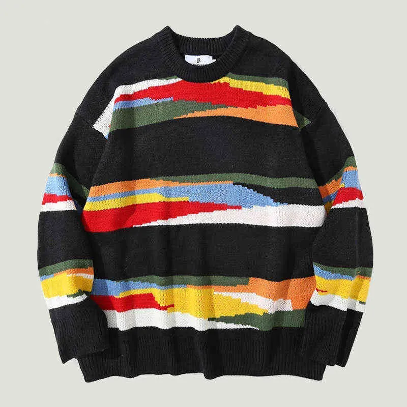 Camisolas Masculinas Oversized Camisola de Malha Masculina Harajuku Vintage Rainbow Striped Patchwork Jumper Streetwear Hip Hop Pulôver Solto Casual Unissex T220906