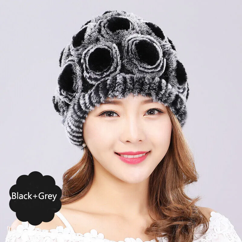 Gorro de piel auténtica de invierno para mujer, gorros cálidos de conejo Rex, gorros, gorros, diseño de rosas