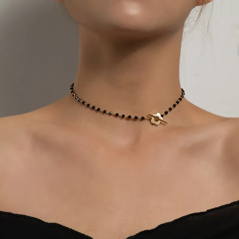 Collier ras du cou en chaîne de perles de verre de cristal pour femmes, collier à verrouillage Lariat à fleurs