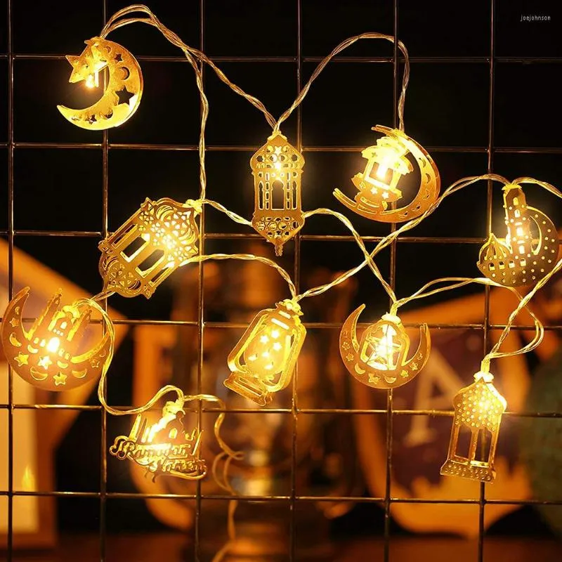 Cordes 10 LED Fée Guirlande Lumineuse En Métal Or Lune Étoile Décoration Pendentif Lampe Ramadan Eid Mubarak Ornement Pour Festival Islamique Musulman