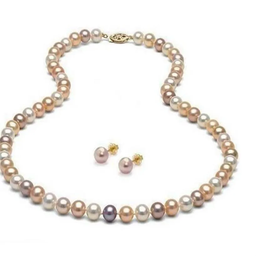 8-9mm White Pink Purple Multicolor Natural South Sea Pearl Necklace 20 inch Earring Set 14k Gold249l