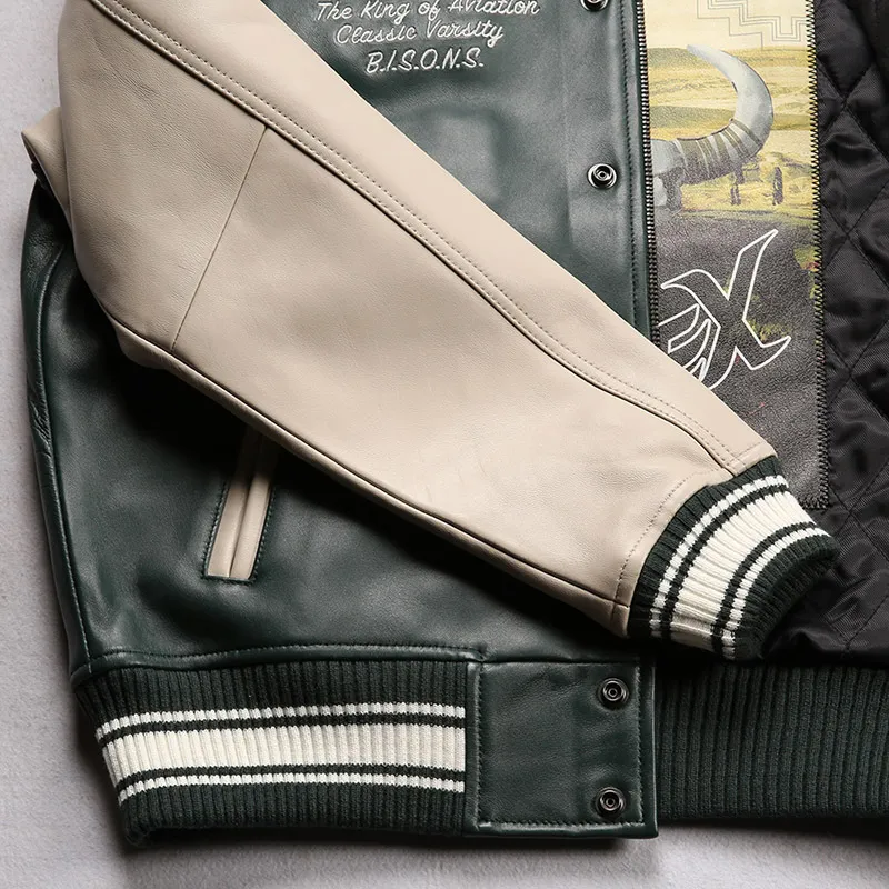 American Baseball Cowhide Leather Jacket | Gunmetal Zipper