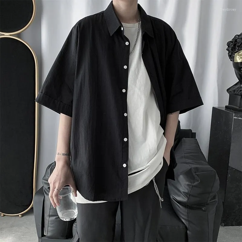 Men's T Shirts Men Button Up Shirt Summer Cargo Work Tshirt Short Sleeve Korean Style Harajuku Clothes Male Top Black White Loose Casual