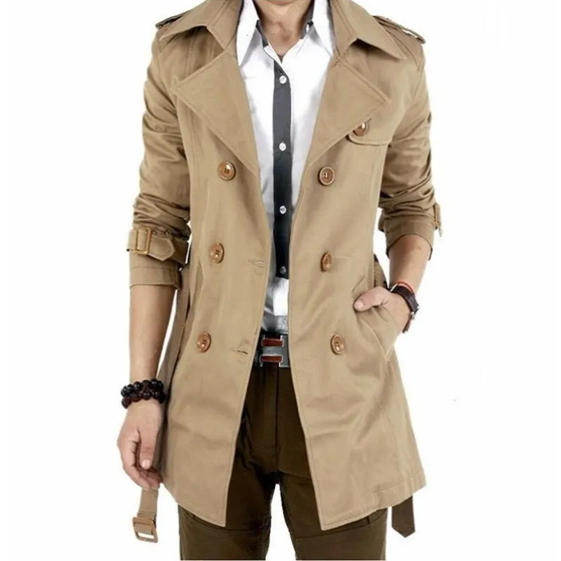 Trench da uomo Giacca a vento da uomo Vintage Black Khaki Primavera Autunno Business Trench Uomo Doppio petto Cappotto lungo classico retrò Uomo 220907