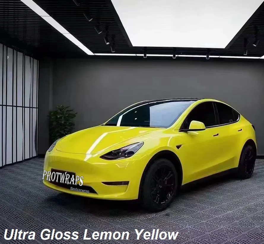 Премиум Ultra Gloss Lemon Yellow Vinyl Wrap Sticker Whole Shiny Car Cuppling Plam с выпуском воздуха Начальная низкоклетная клея самостоятельная клейкая фольга 1,52x20m 5x65ft