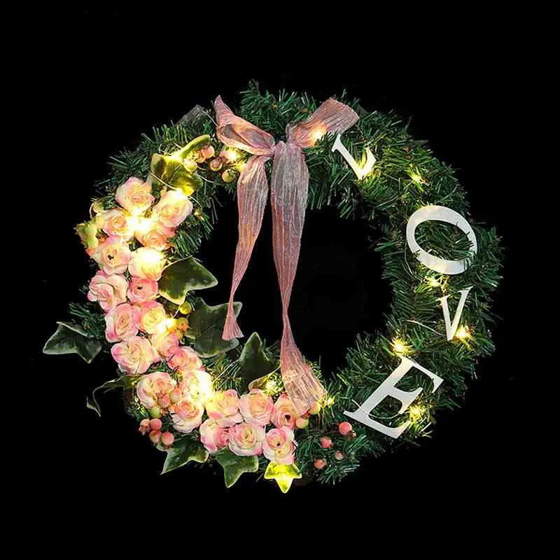 Flores decorativas do Dia dos Namorados Flor Artificial Rose Bud Vine Decorativa com luzes Rose Wreath Wedding Decoration Garland San Valentin