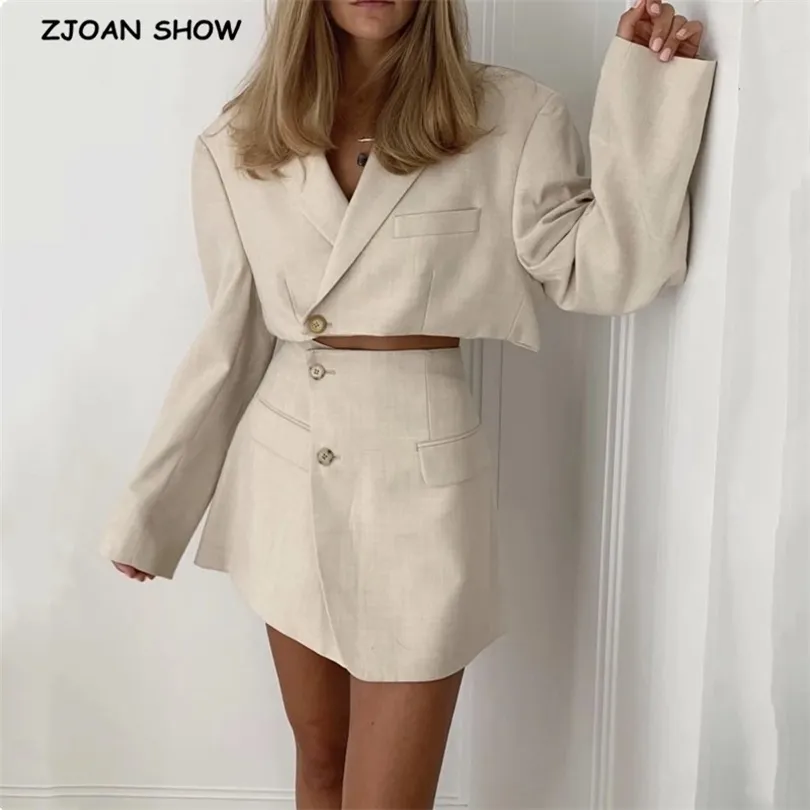 Tweedelige jurk sexy één knop korte vrouwen blazer bijgesneden hoge taille onregelmatige cross -spleet mini rok lange mouw pakken 2 stuks set vintage 220906