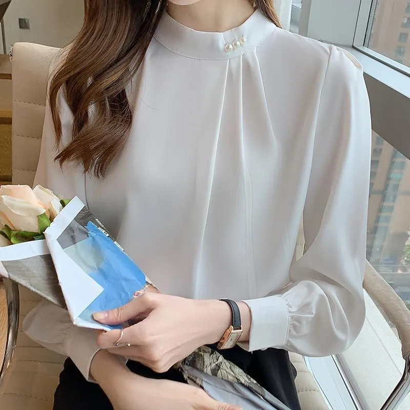 2022 herbst Seide Shirts Satin Shirts Koreanische frauen Weiße Blusen Tops Lange ärmeln Bodenbildung Perlen Hemd Solide Bluse