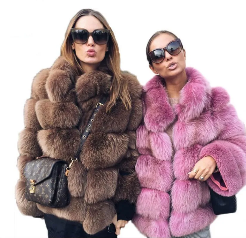 Women's fox Fur Faux Winter Coat Plus Size Womens Stand Collar Long Sleeve Jacket Outerwear Outerwear elegant Rabbit and raccoon knitted mink ladies clothing 3xl 4xl