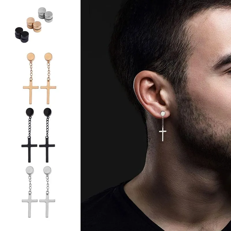 Boucles d'oreilles pendantes 3 paires de clous magnétiques en acier inoxydable, pendentif croisé à Clip, sans perçage, pour hommes et femmes