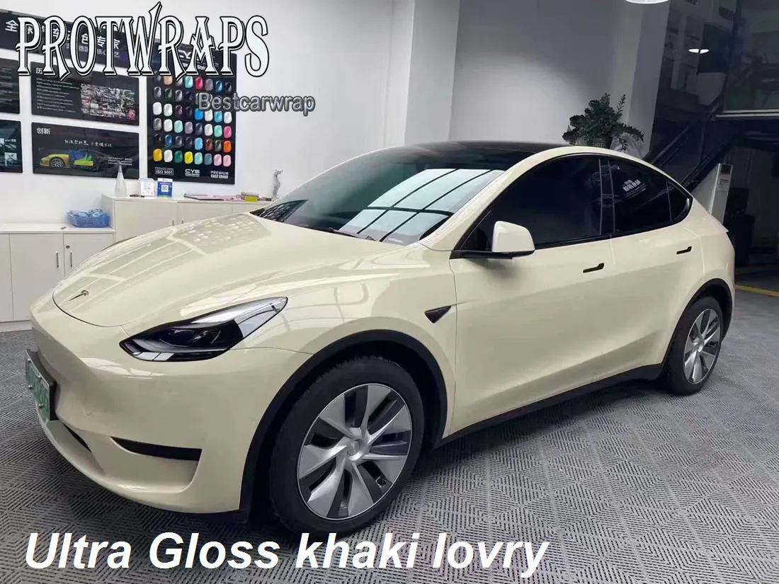 Premium Ultra Gloss Khaki Ivory Vinyl Wrap Sticker Hela Shiny Car Wrapping -t￤ckningsfilm med Air Release Initial Low Tack Glue Sj￤lvh￤ftande folie 1.52x20m 5x65ft