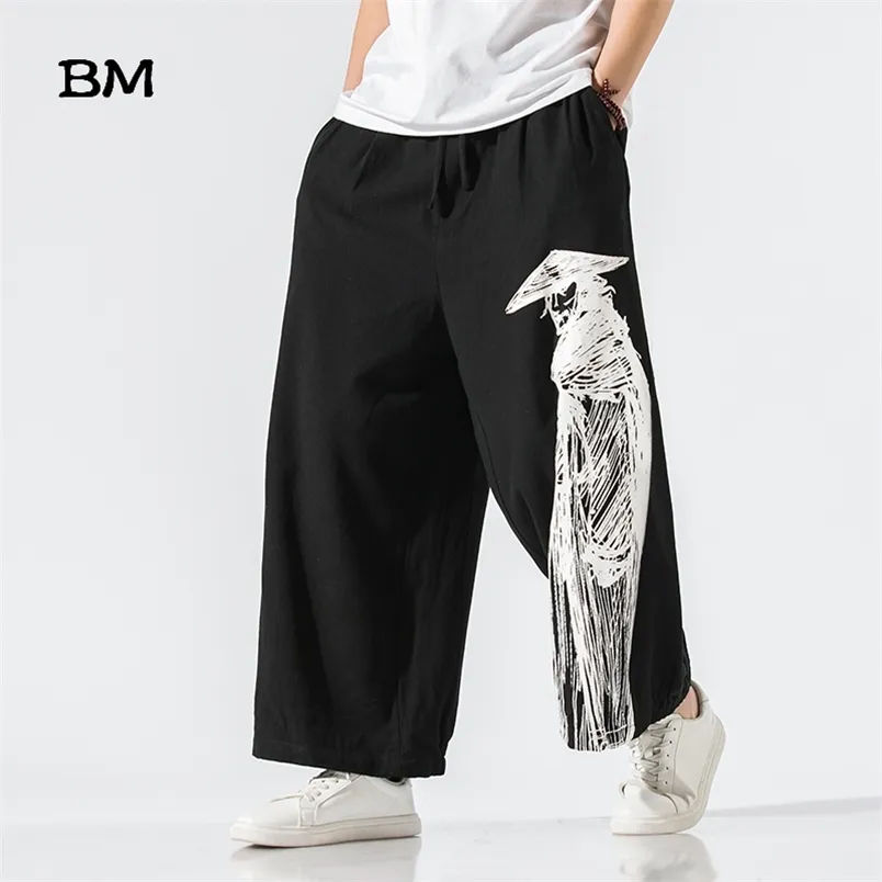 Pantaloni da uomo stile cinese oversize stampato lino gamba larga streetwear casual Tai Chi Kung Fu uomo dritto 220907