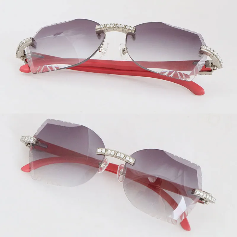 Proveedores superiores Venta al por mayor Gafas de sol de piedras grandes para mujer Lentes de lujo con corte de diamante Gafas de sol sin montura Hombre y mujer 8200757 Diseño de madera roja Modelo clásico