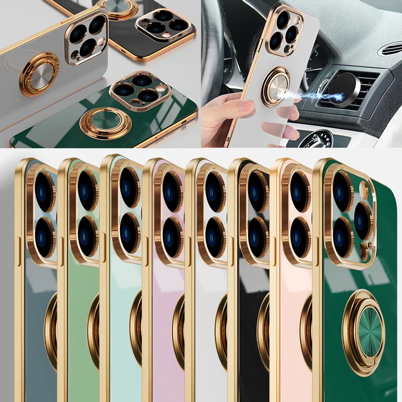 Fall Fall för iPhone 14 Pro Max 13 Mini 12 11 XS XR X 8 7 Plus SE Plating Kickstand Stand Soft Silicone Rubber Car Magnetic Mount Holder Cover