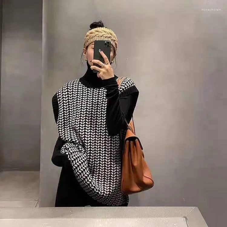 Kadın Yelekler Koreli Knited Houndstooth Sleeveless Sweating Deling Swoman Büyük Boy Yelek Üst Salepleri Jumper Sweaters Kadın