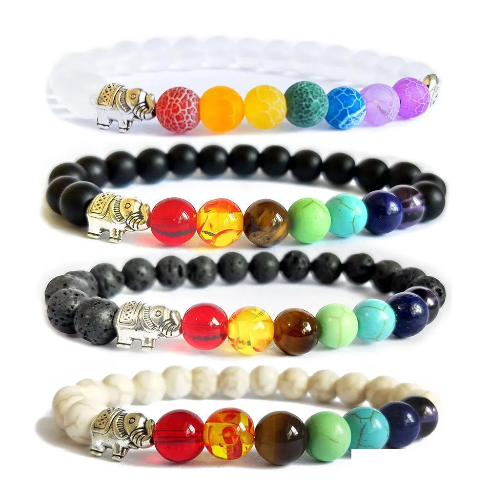 Charm Bracelets Natural Stone 7 Chakra Bracelet Elephant Bangle Round Beads Essential Oil Diffuser Fashion Elastic Brace Dhseller2010 Dhnfe