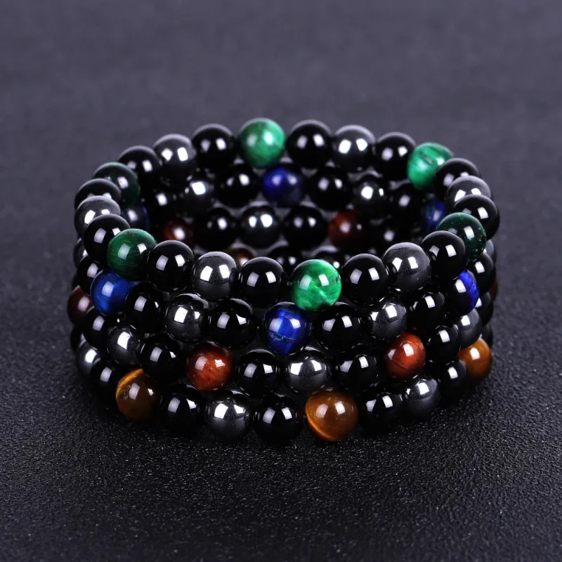 Strand Three-color Hematite Tiger Eye Black Onyx Bracelet Natural Stone Bead Bracelets Wristband for Men Women Fashion Jewelry