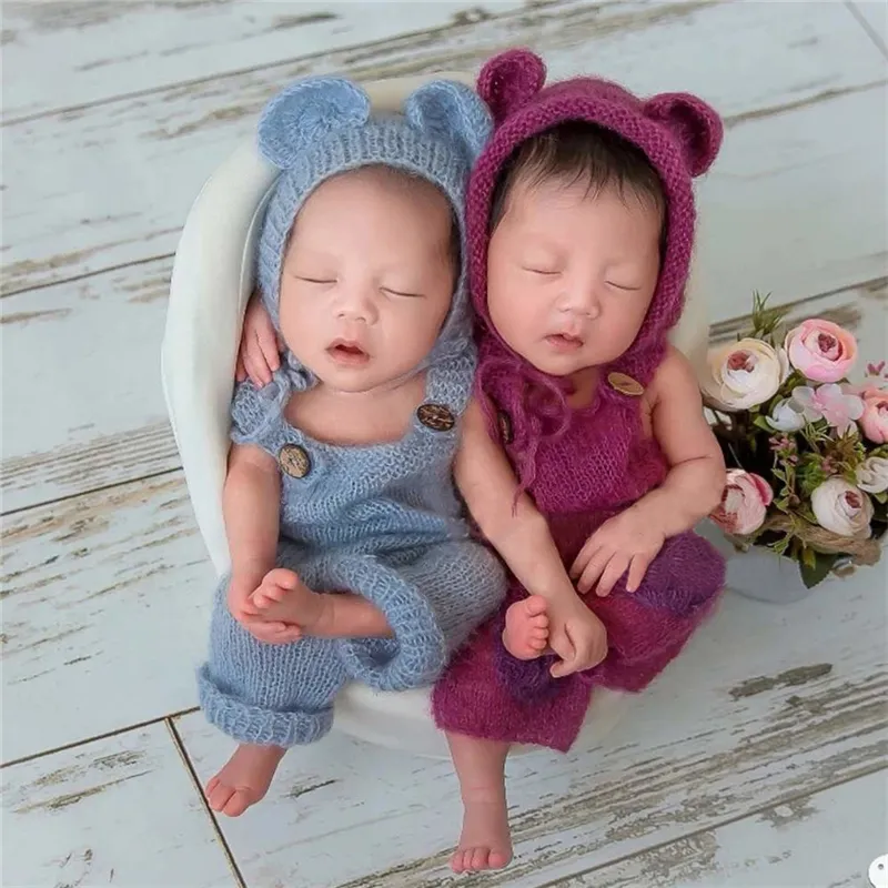 CAPS HATS Född baby spädbarnspografi Props pojke tjej kläder söt björn hatt och overall sätter mjuk mohair bebe po kläder jumsuit 220907