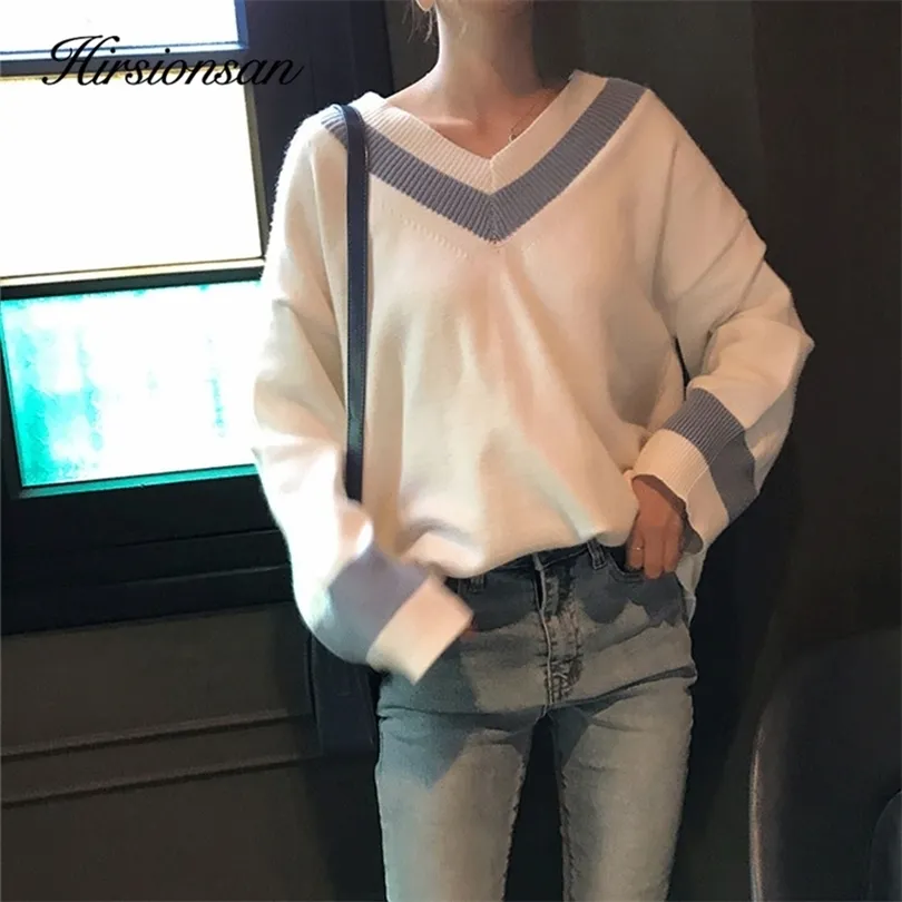 Suéteres femininos Hirsionsan Sweater Women Women Vneck Lazy Autumn Winter madrinha Pullovers de retalhos de listras