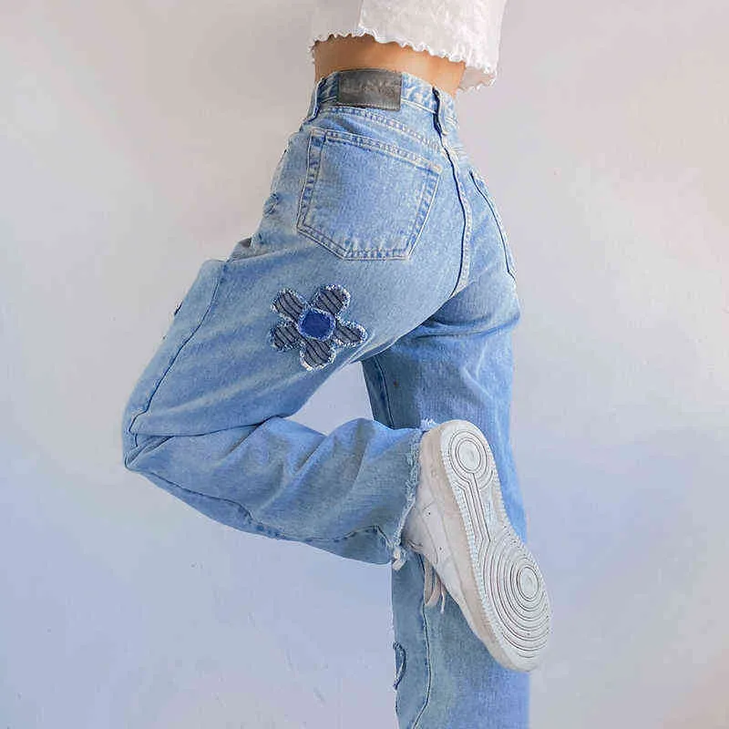 Women's Jeans Streetwear Y2K Flowers Loose High Waist Denim Baggy Mom Straight Pants Fashion Casual Trousers T220825