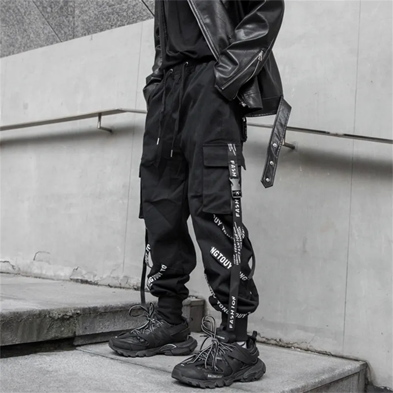Calças masculinas Houzhou calças de carga preta homens jogadores de cargo de cargo para homens jogando roupas de rua japonesas hip hop hippie techwear gótico fita 220907