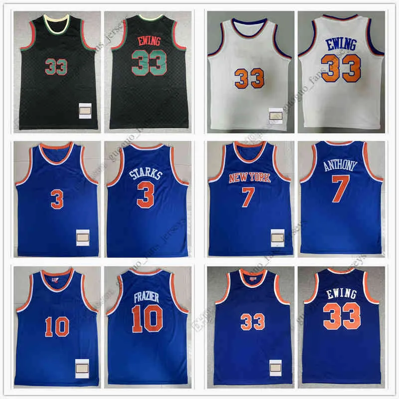 Jerseys de basquete retrô Starks 3 John Anthony 7 Carmelo Frazier 10 Walt 91-92 Ewing 33 Patrick Blue branco preto de alta qualidade Jersey Size S-XXL