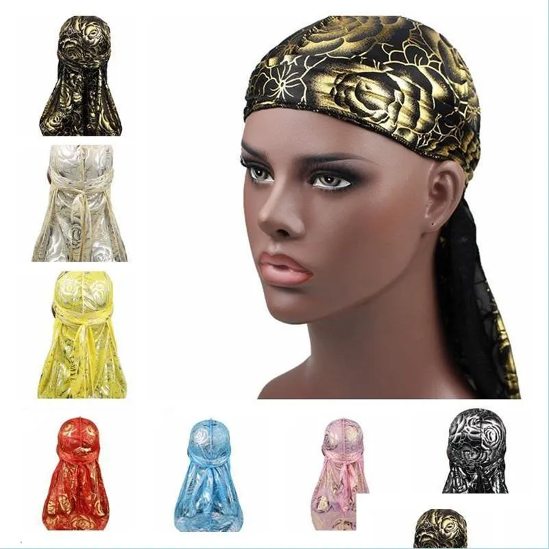 Beanie/Totenkopfkappen Floral Durag Bandanas Long Tail Piratenhüte Turban Haarschmuck Stirnband Hut Für Frauen Männer Kopf Er Herren Kappe Kappe Dhghd