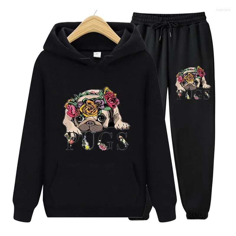 Modos femininos Moda Autumn Winter Women Pullover de manga longa Pug Pug Print Print Top e calças esportivas casuais Duas peças