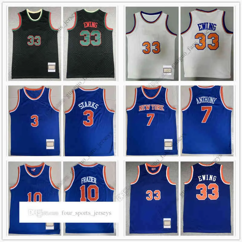 Retro basketbaltruien Starks 3 John Anthony 7 Carmelo Frazier 10 Walt 91-92 Ewing 33 Patrick Blue White Black High Quality Jersey-maat