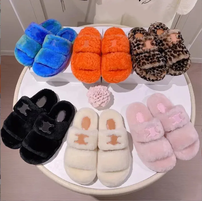 Brand New Shearling Triomphe Slides Fur Slippers Sandals In Bright Orange Pink Blue White Women Lady Girls Paris Fashion Furry Fluffy House Indoor Shoes