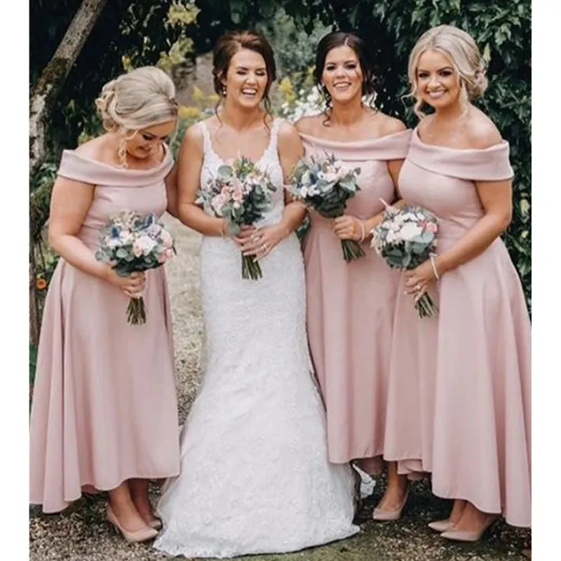 Cheap Simple Sexy Blush Pink A Line Bridesmaid Dresses Off Shoulder Hi-Lo Plus Size Maid Of Honor Gowns Robes De Demoiselle D'honneur2023 328 328