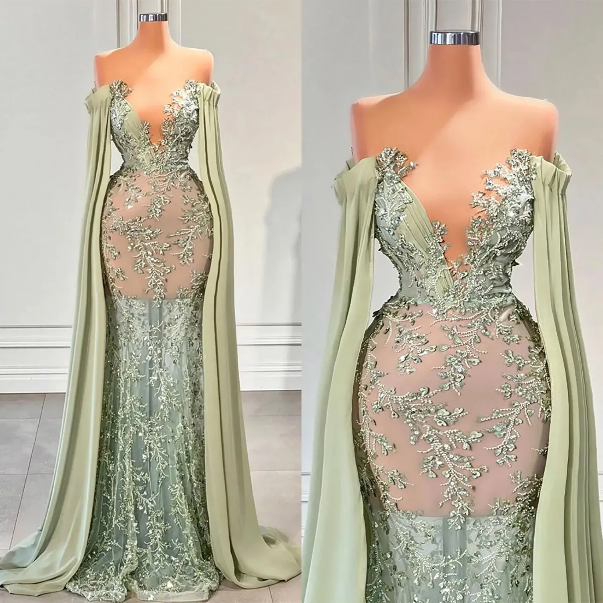 Zielona syrena wieczorna sukienka zobacz przez v szyję koronkowe aplikacje balowe sukienki szat de soiree sucha pociąg Dubai Formalne zużycie