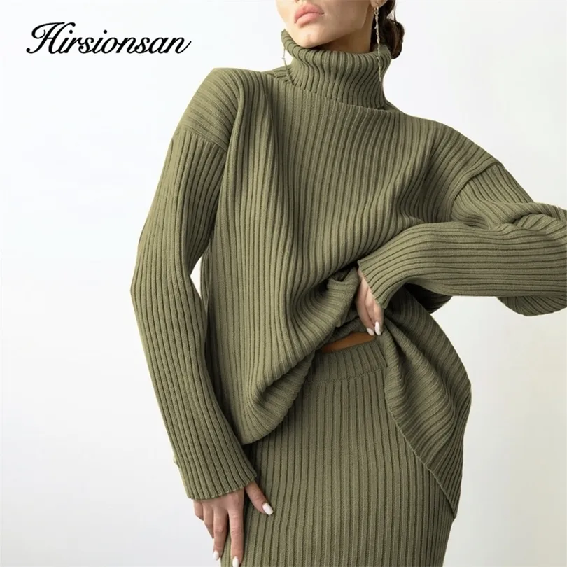 Tvådelad klänning Hirsionsan Elegant Sticked Set Women Casual Pieces Turtle Neck Sweater and Midi kjol Kvinnliga varma kostymer med 220906