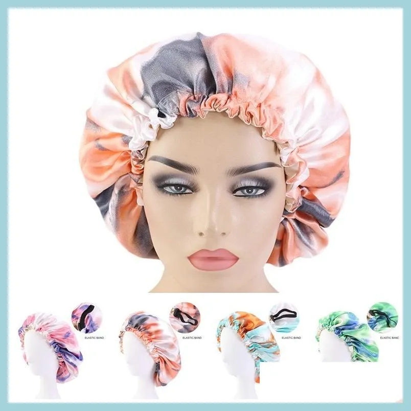 Beanie/Skull Caps Satin Silk Bonnet Sleep Cap Hatts Tie-Dyed Night Hat Double Salon Salon Head Hair Ers Caps For Women Christmas Gift D DH9UG